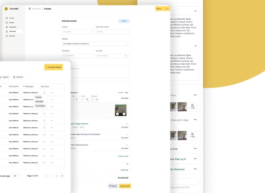 Cloe CRM tickets table, estimate builder, and ticket detail panel