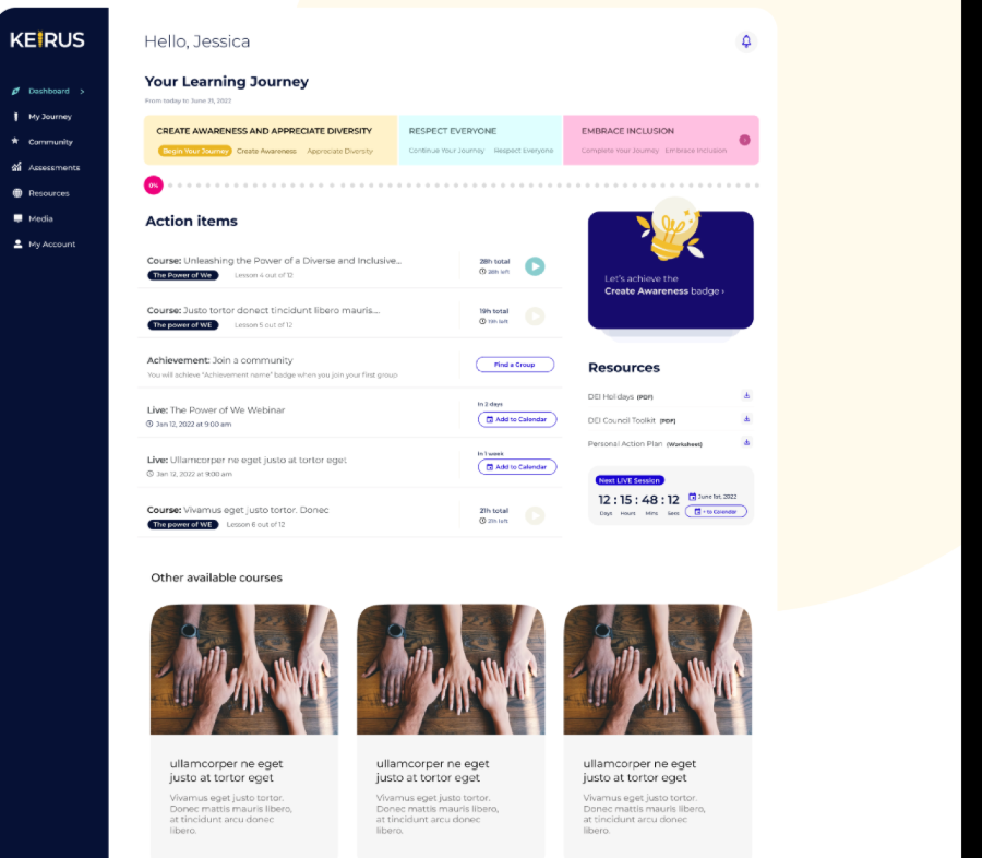 Keirus learning dashboard with a progress journey, action items, and course resources