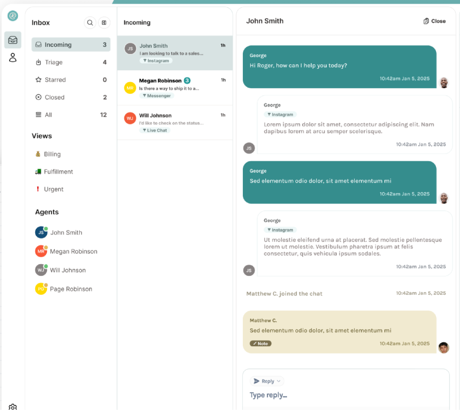 Kenzie unified inbox with channel filters, conversation list, and a threaded customer conversation