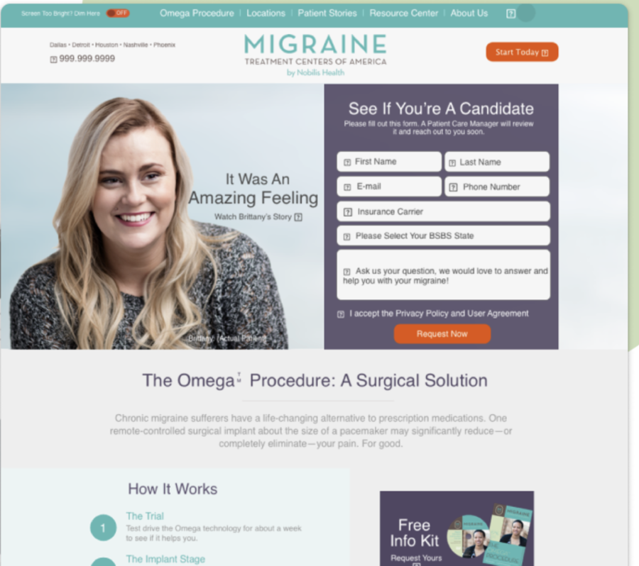 Migraine Centers of America site with the dim brightness toggle, candidate form, and procedure explainer