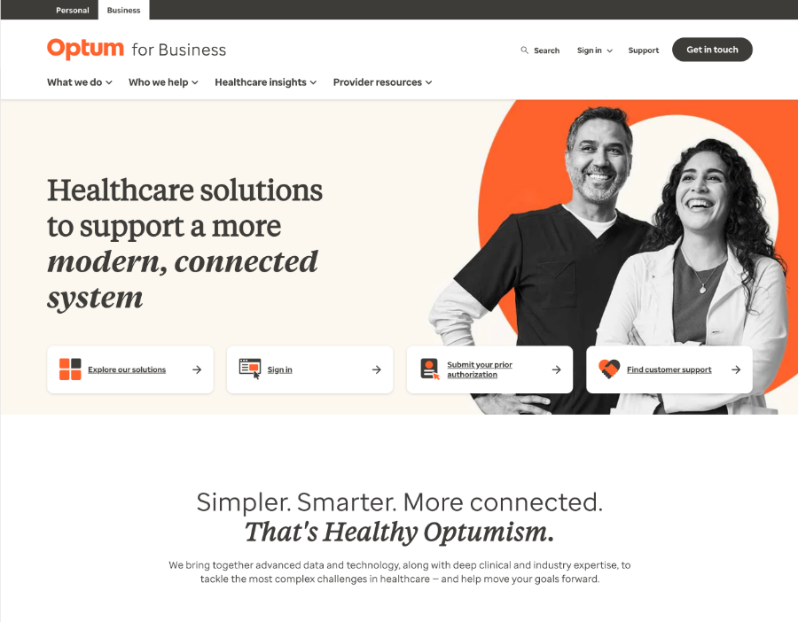 Optum for Business homepage with the audience toggle, editorial headline, and four task oriented entry points