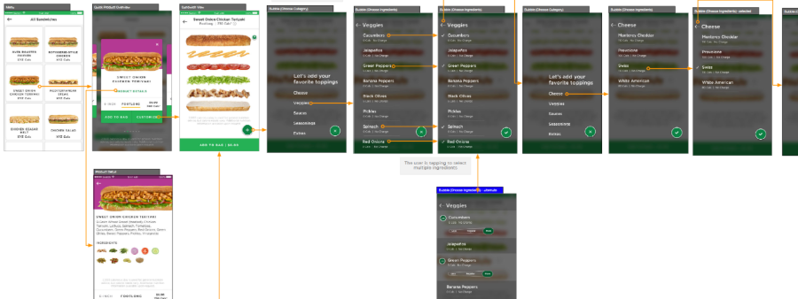 Subway sandwich builder exploration flow across menu, product detail and ingredient pickers