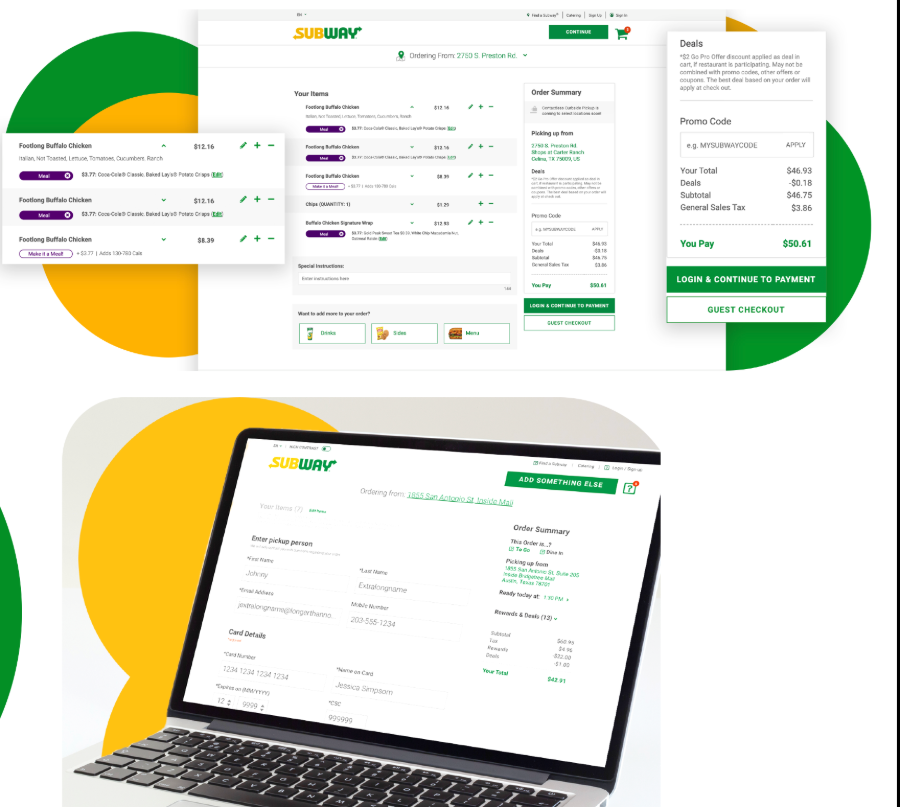 Subway web checkout with cart items, order summary, deals and guest checkout