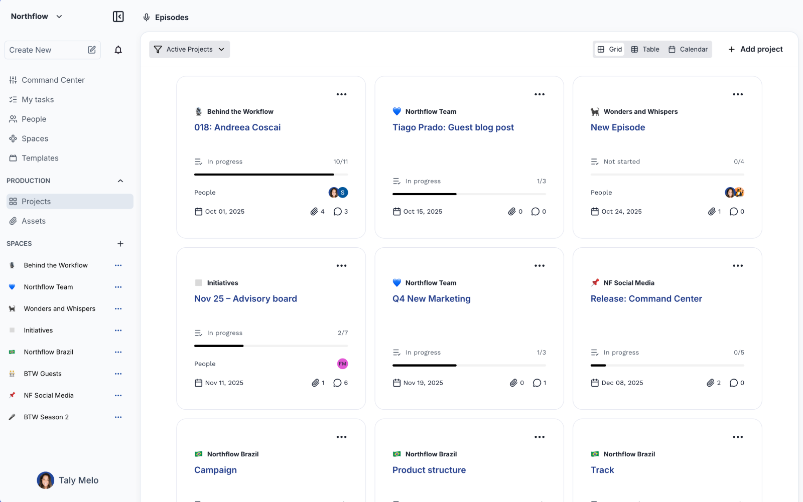 Early Northflow projects view with a spaces sidebar per show and a grid of active project cards, each showing stage, task progress, people, and a due date