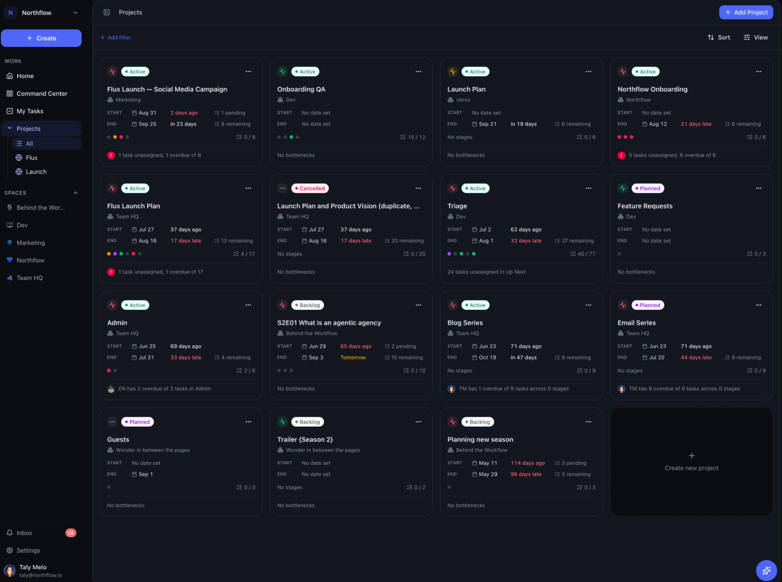Northflow projects board showing active, planned, backlog and cancelled projects with dates, stage dots and bottleneck notes