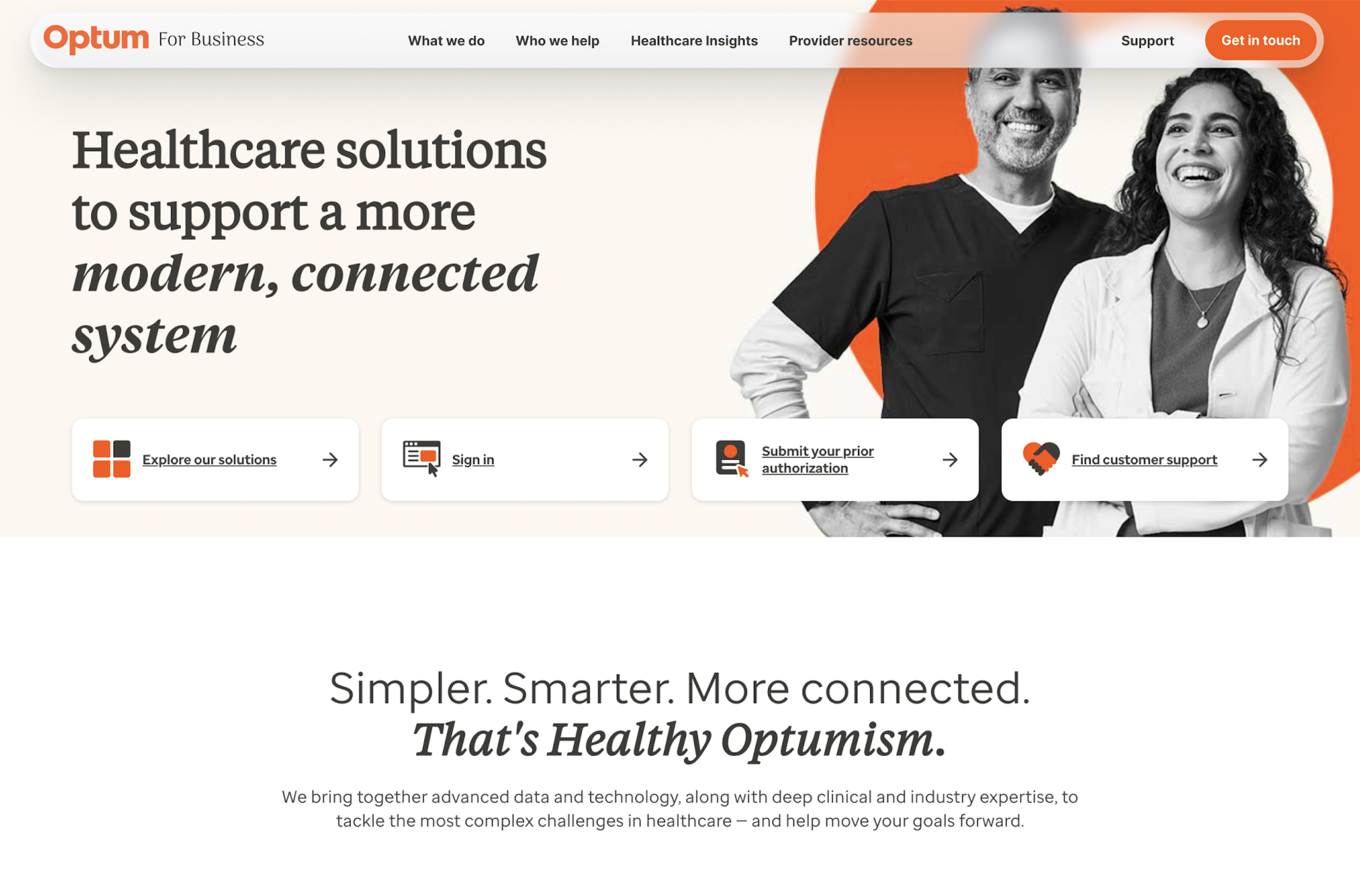 Final Optum for Business homepage: one floating navigation shell resting over the hero, a single Support link, a Get in touch action in brand orange, and four task cards beneath