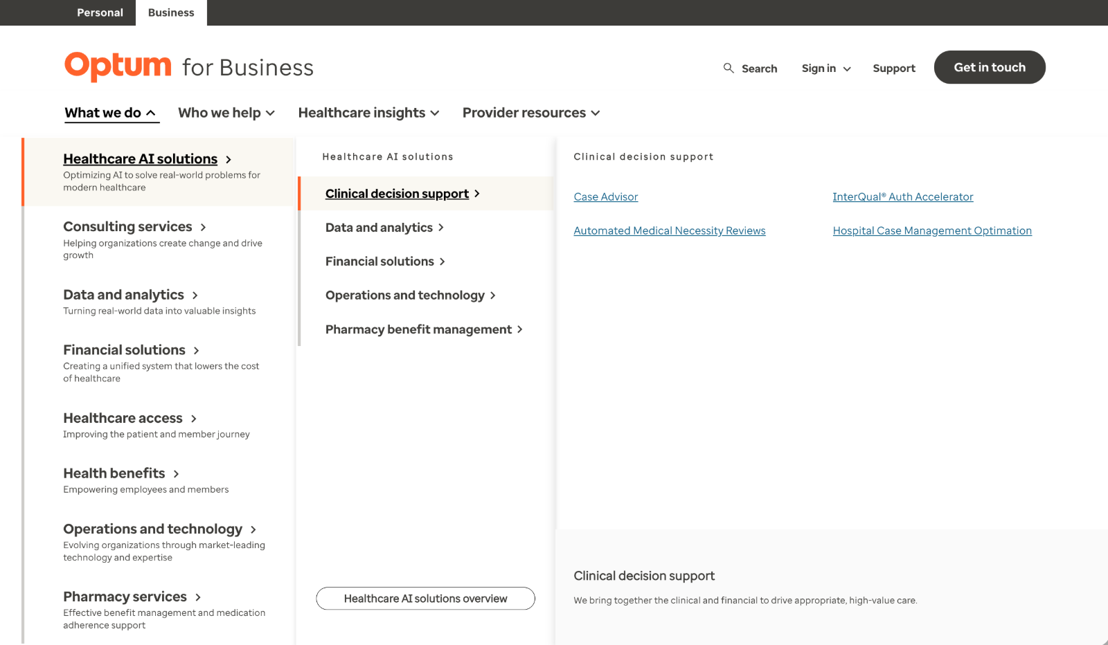 Optum for Business global navigation with the Personal and Business audience toggle, utility bar, and an expanded What we do mega menu