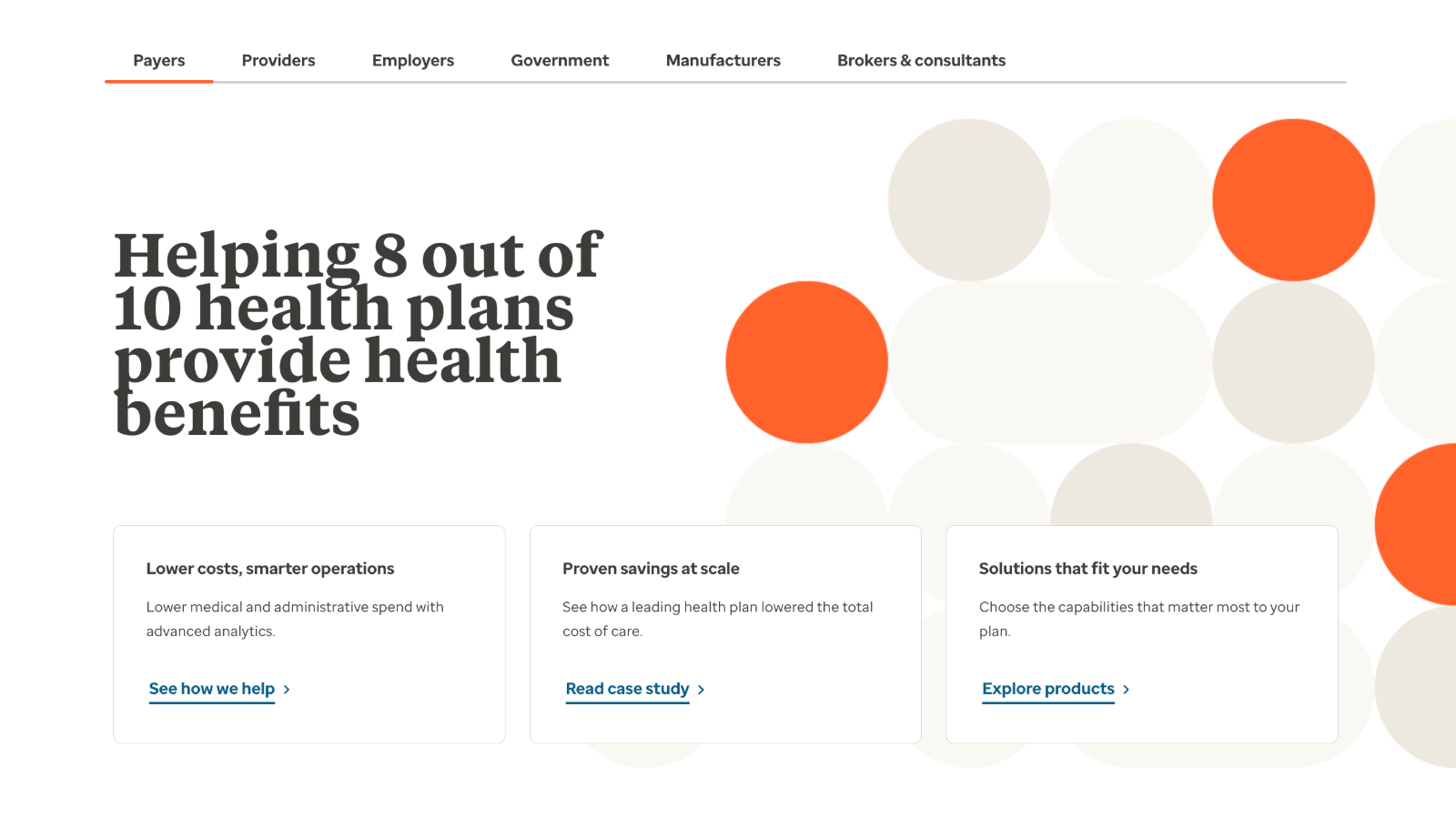Audience segment tab component with Payers, Providers, Employers, Government, Manufacturers and Brokers and consultants