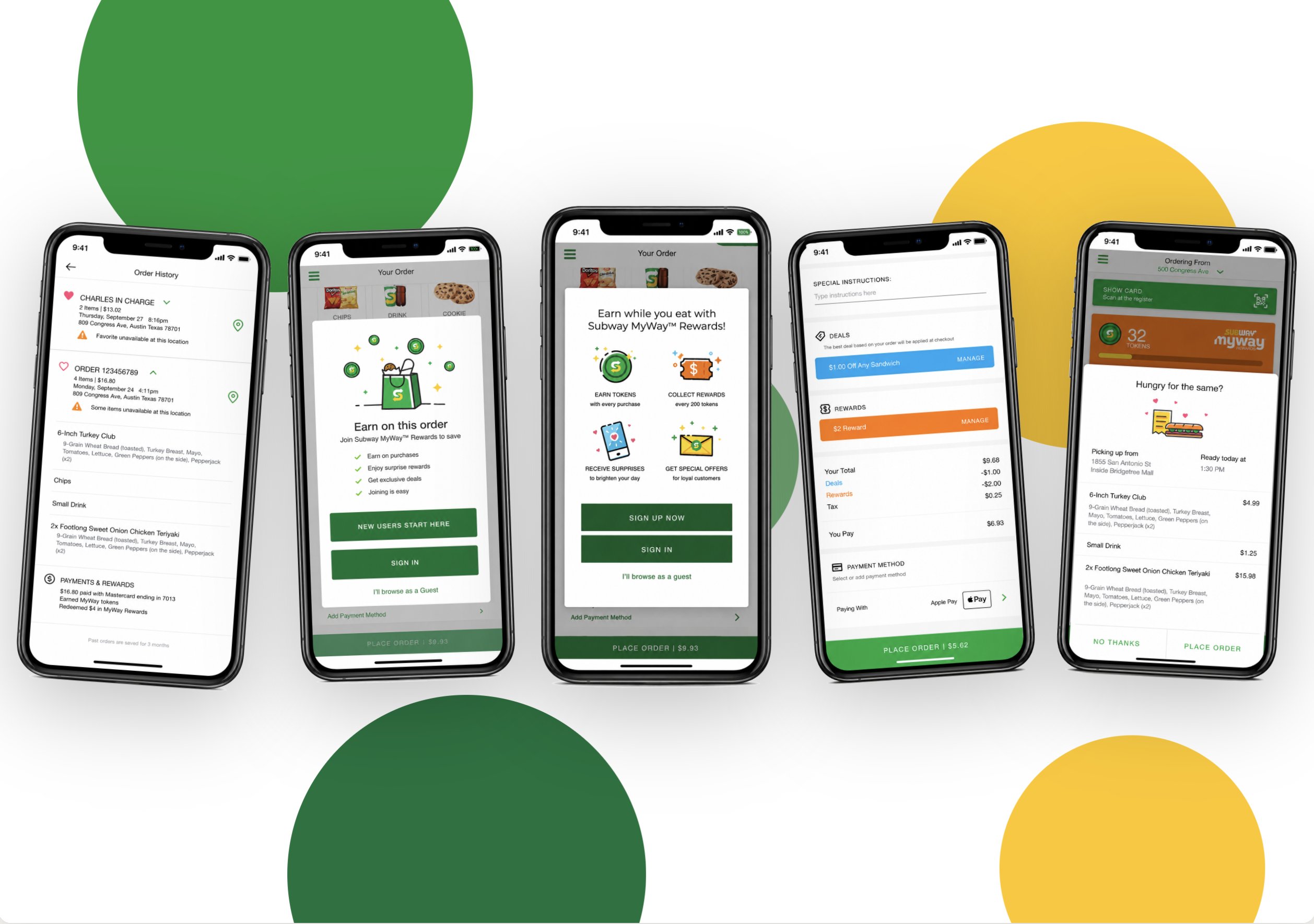 Five Subway app screens: order history, rewards sign-up, MyWay rewards benefits, order review with deals and rewards, and an order summary with pickup details