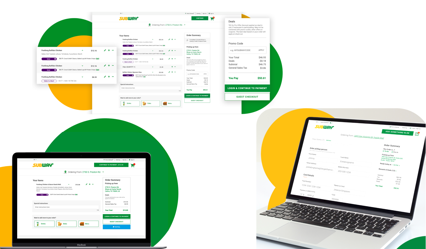 Subway web checkout: cart items, an order summary with deals and promo code, and a laptop showing pickup details and payment