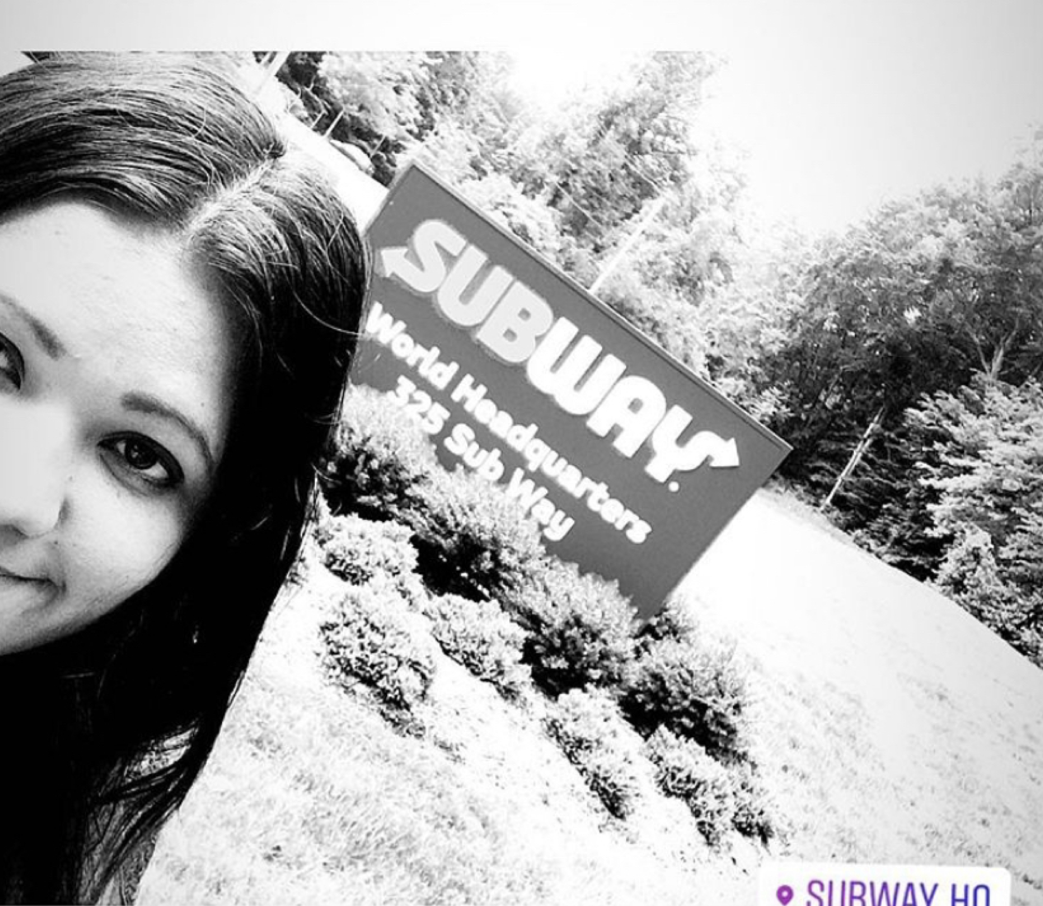 Taly on site at the Subway World Headquarters sign, 325 Sub Way