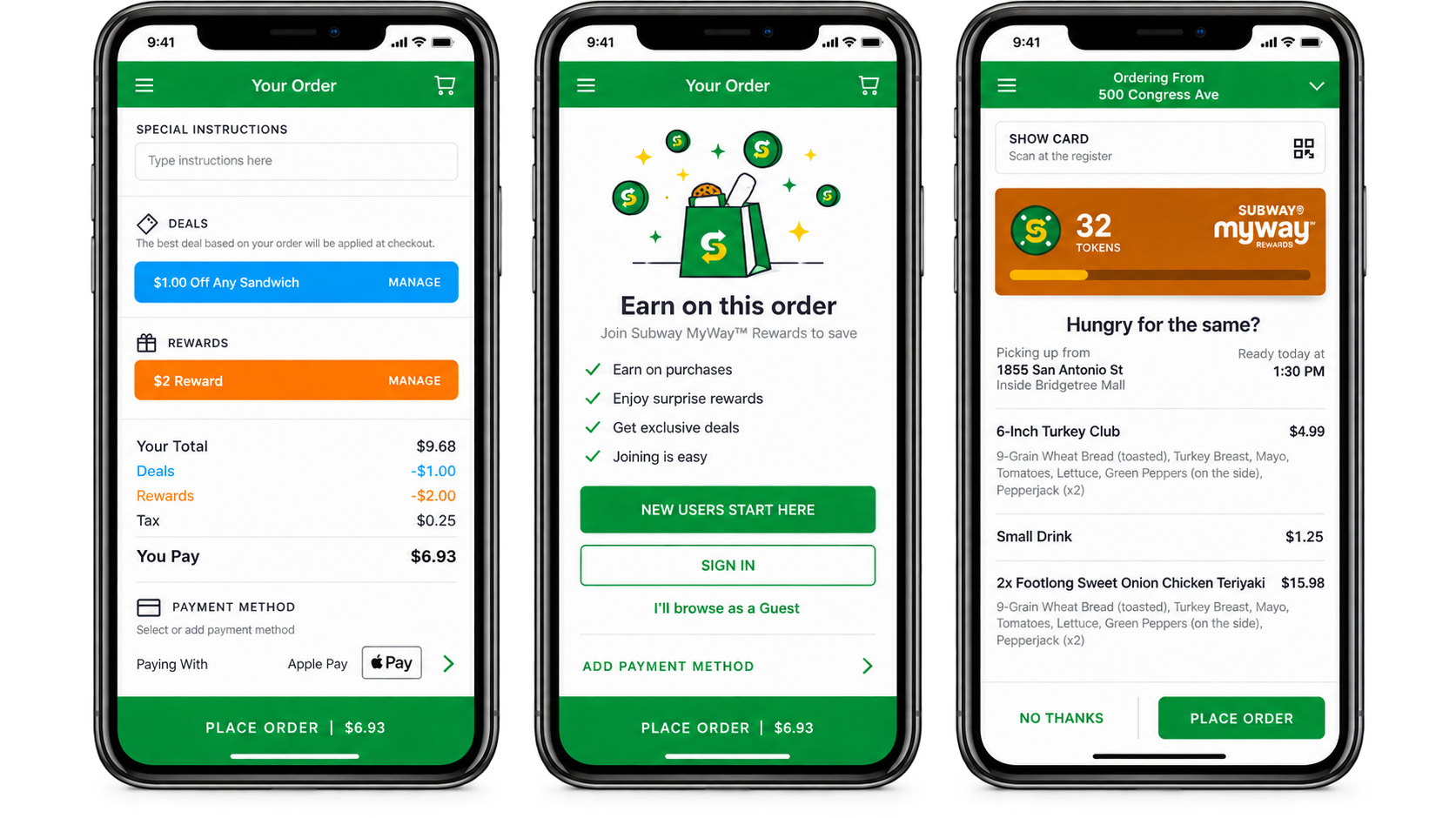Three Subway app screens: order review with deals and rewards stacked against the total, the rewards sign-up prompt at payment, and an order summary with MyWay rewards and pickup details