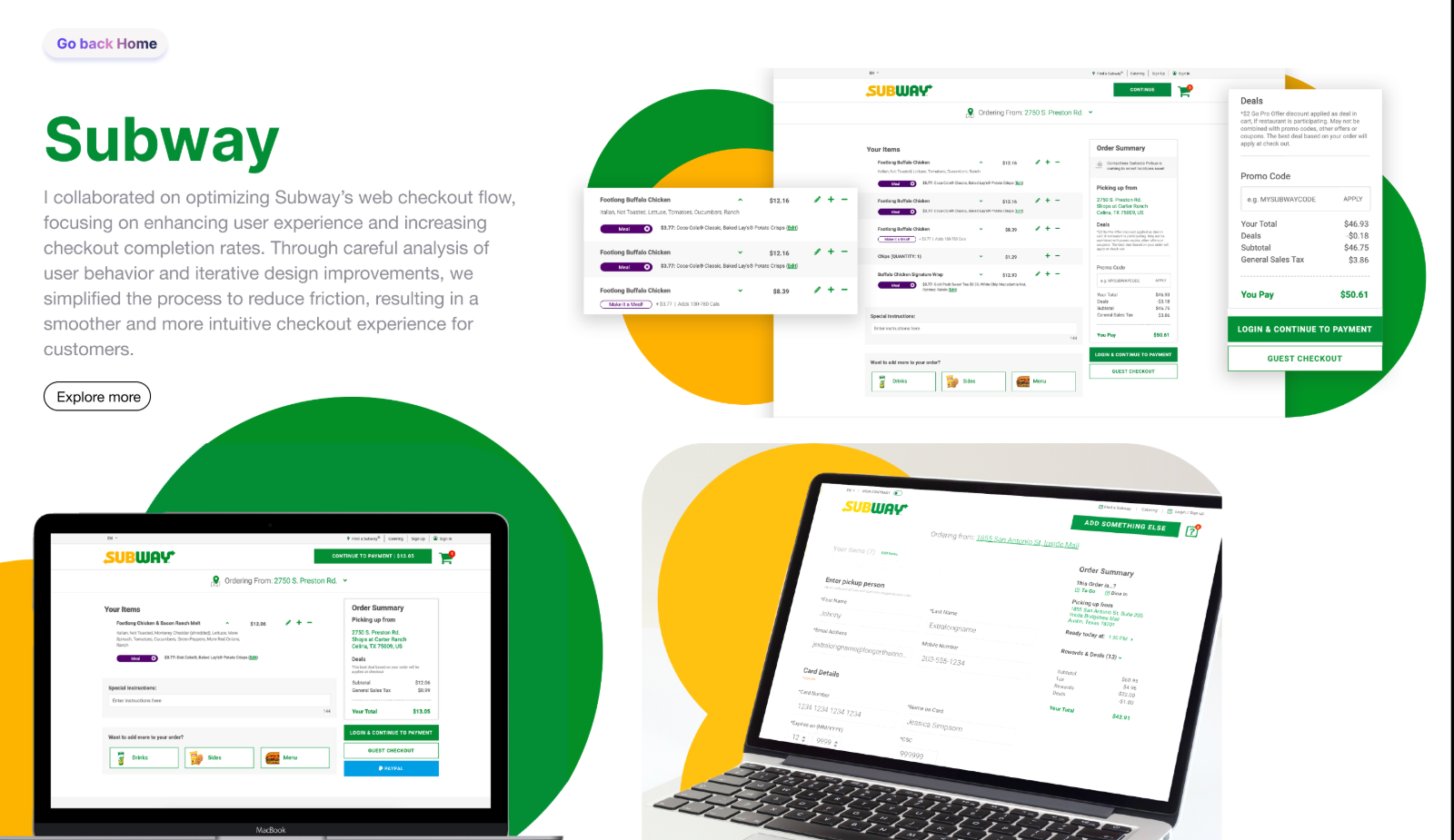 Subway web checkout with the item list, order summary, deals and promo code panel, and guest checkout