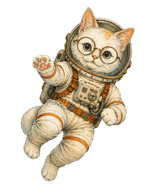 Taco the astronaut cat, floating