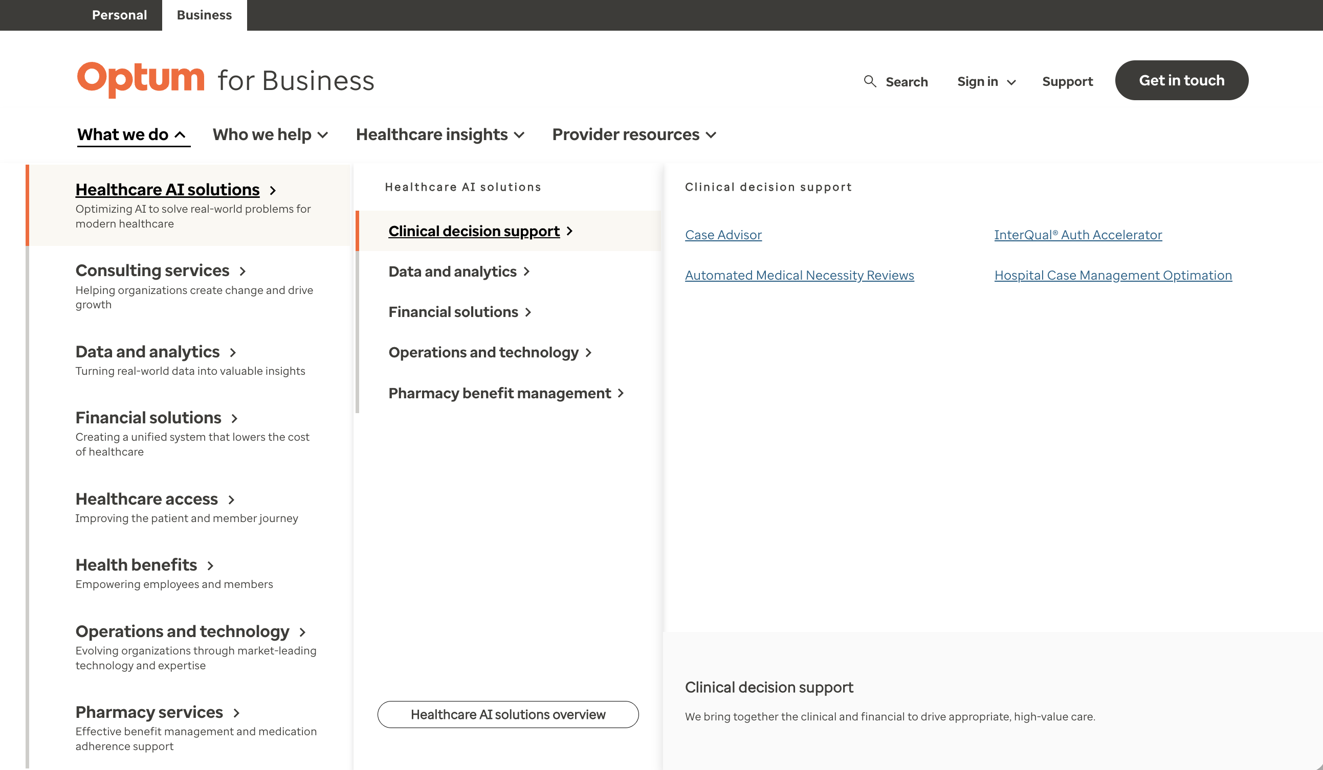 Optum for Business global navigation with the Personal and Business audience toggle, utility bar, and an expanded What we do mega menu